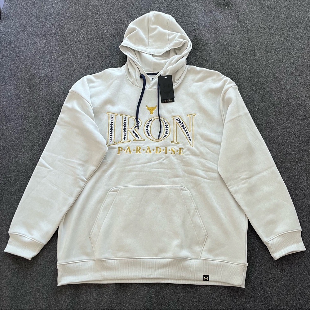 Under Armour Project Rock Rival Fleece Hoodie 2XL Laurels Paradise White New